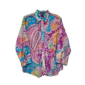 Ralph Lauren Women L Paisley Floral Button Down Shirt Pink Blue Classic OldMoney